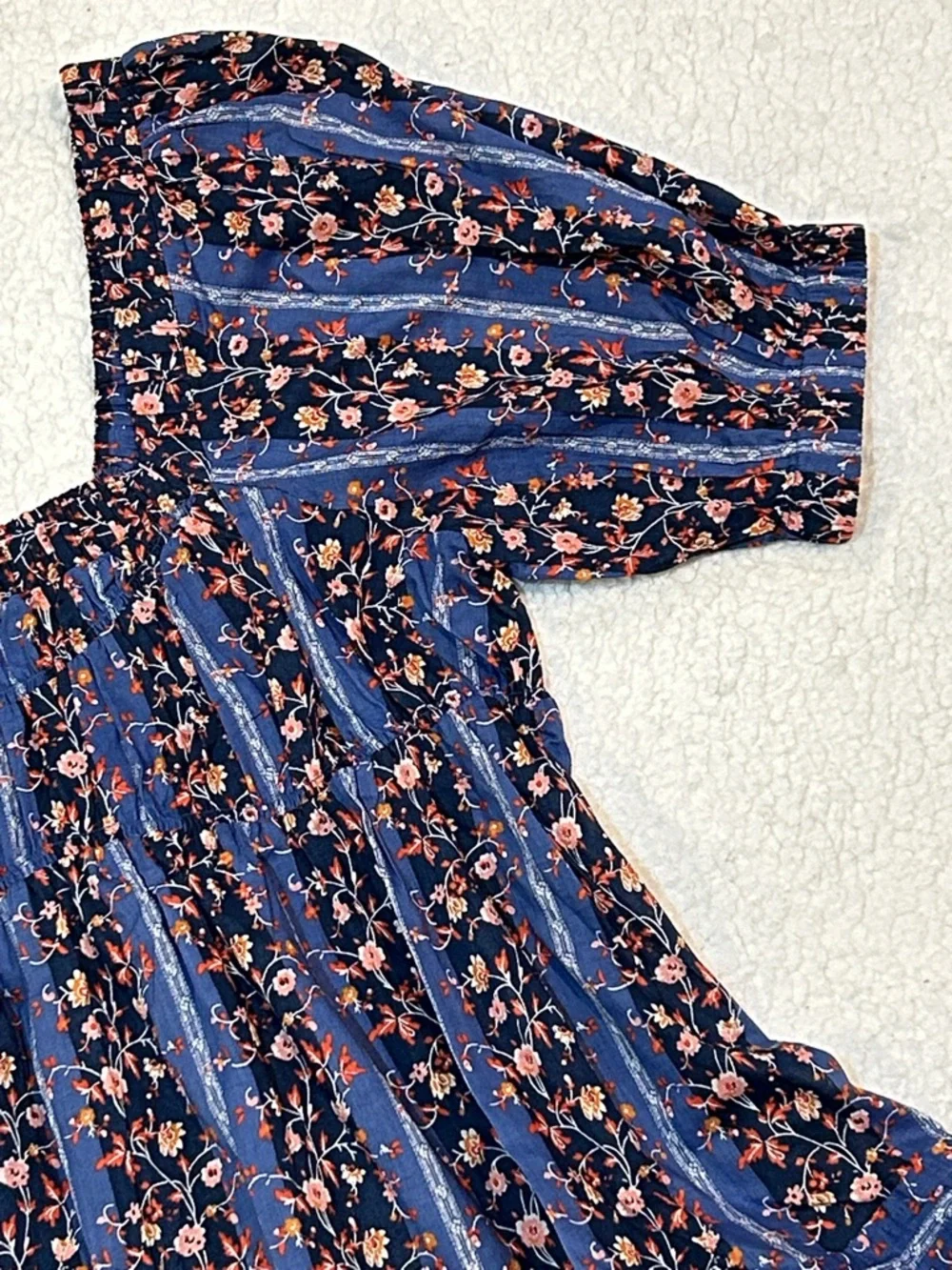 Free People Vintage Lover Blouse Small Dutch Blue Combo Floral Print Puff Sleeve
